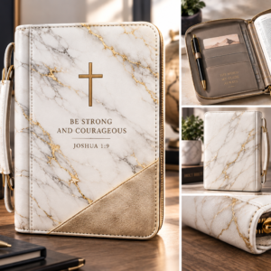 Marble Bible Cover for Men — White and Gold Bible Case with Handle and Zipper