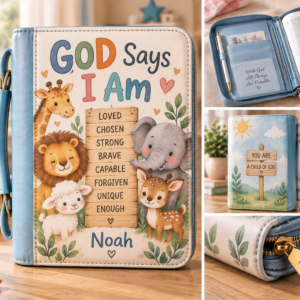 Children's Bible Cover — GOD Says I Am — Cute Animal Personalized Bible Cover for Kids